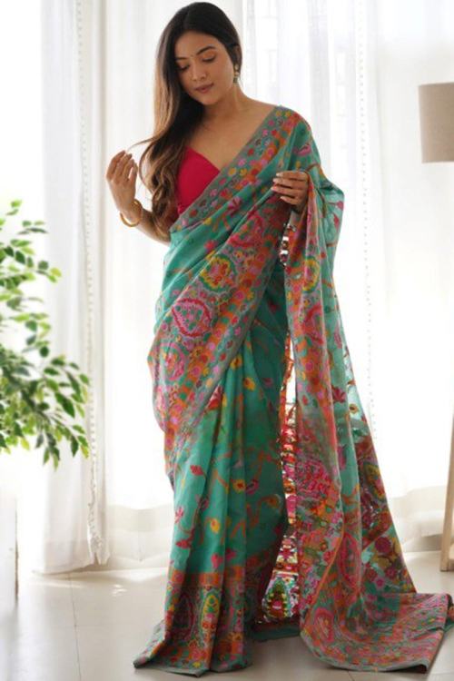 Soft Silk Persian Green Weaved Thread Light Weight Saree