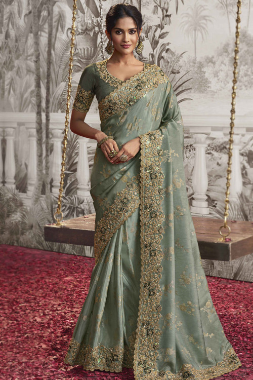 Soft Silk Sage Green Dori Embroidered Heavy Saree