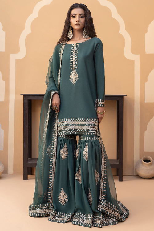 Soft Silk Teal Green Sharara Suit with Zari Work for Mehndi