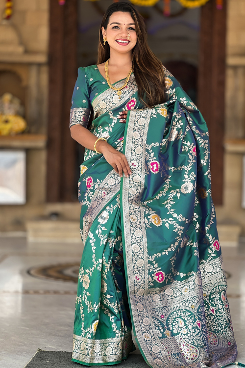 Soft Silk Teal Green Weaved Broad Border Saree 