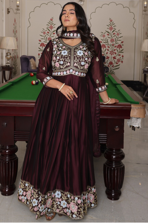 Soft Silk Wine Maroon A Line Embroidered Anarkali Suit 