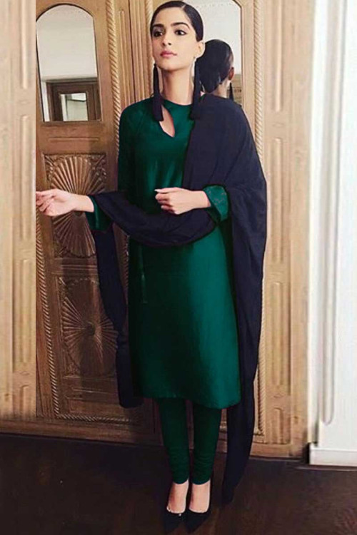 Sonam Kapoor Taffeta Silk Bottle Green Churidar Suit