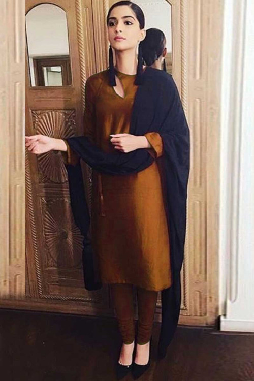 Sonam Kapoor Taffeta Silk Dusty Orange Churidar Suit for Eid