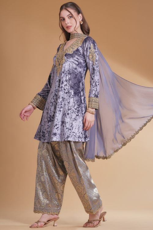 Steel Grey A Line Velvet Traditional Suit With Trouser