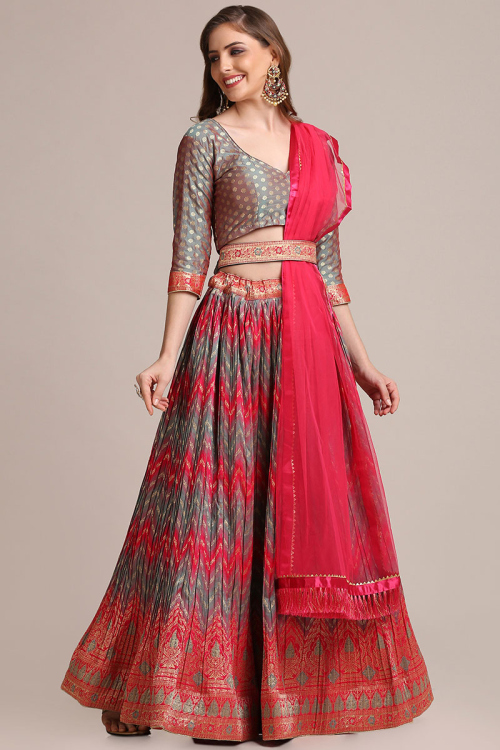 Steel Grey and Coral Pink Jacquard Lehenga