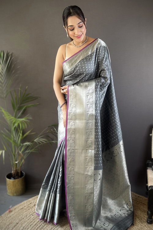 Steel Grey Art Silk Broad Border Saree With Woven Zari Work