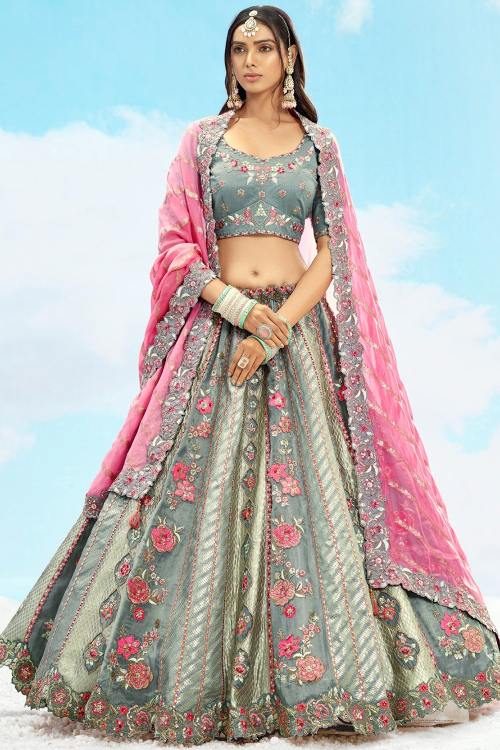 Steel Grey Art Silk Lehenga With Dori Work For Sangeet
