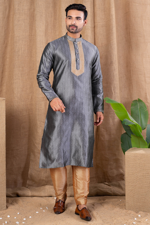 Steel Grey Art Silk Men's Kurta Pajama With Printed Work