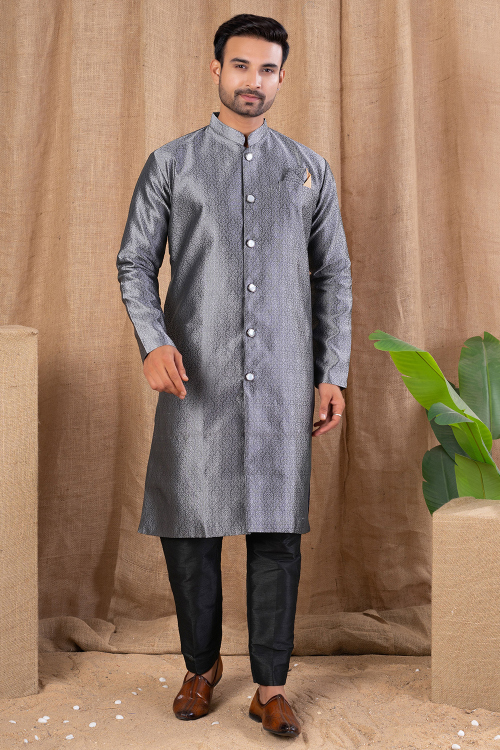 Steel Grey Art Silk Men's Kurta Pajama With Weaved Work