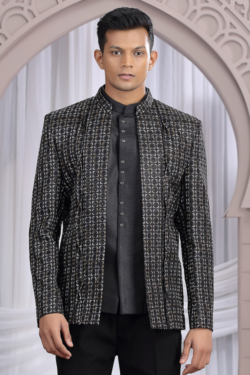 Steel Grey Art Silk Resham Thread Jodhpuri Men's Sherwani 