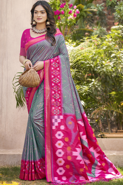 Steel Grey Art Silk Weaved Broad Border Saree