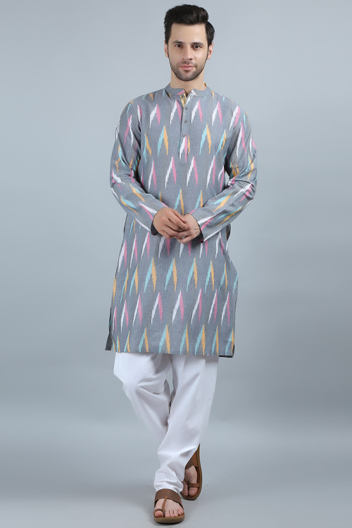 Steel Grey Casual Wear Printed Cotton Men's Kurta Pajama