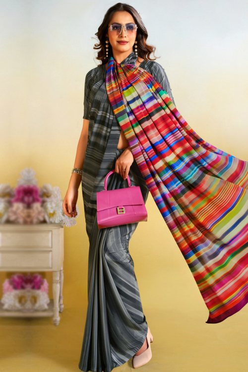 Steel Grey Casual Wear Printed Saree In Crepe Fabric