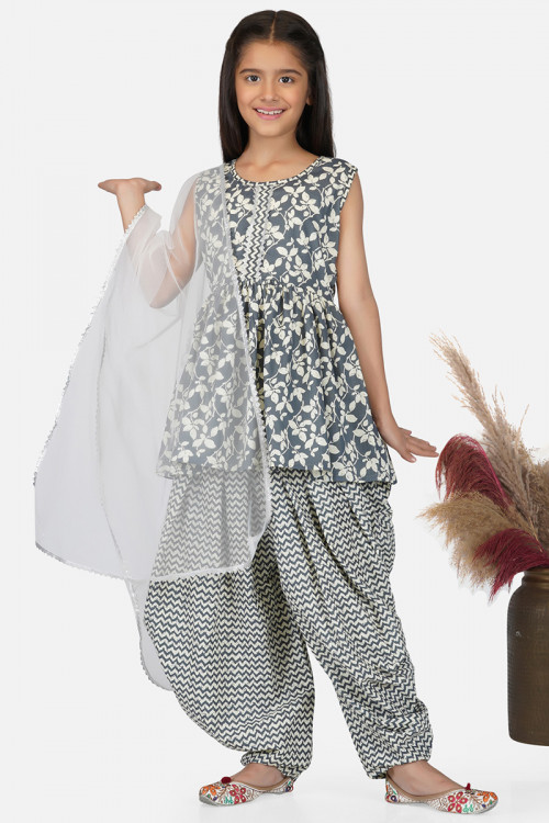Steel Grey Cotton Printed Frock Style Dhoti Pant Girl Suit 