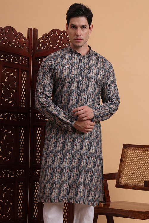 Steel Grey Cotton Rayon Men's Kurta With Sequins Work For Diwali