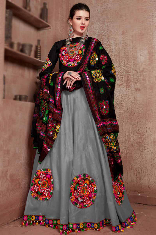 Steel Grey Cotton Silk Patch Embroidered Flared Lehenga