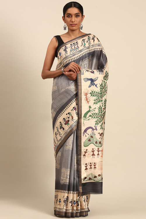 Steel Grey Cotton Warli Printed Casual Wear Saree