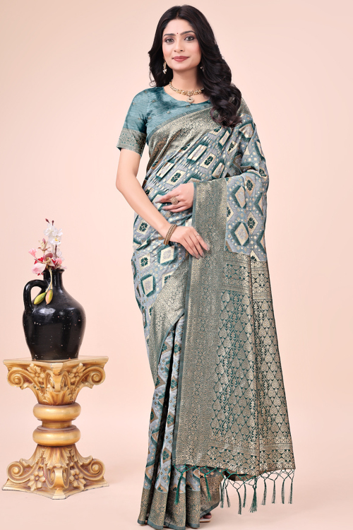 Steel Grey Cotton Woven Zari Saree With Teal Blue Blouse