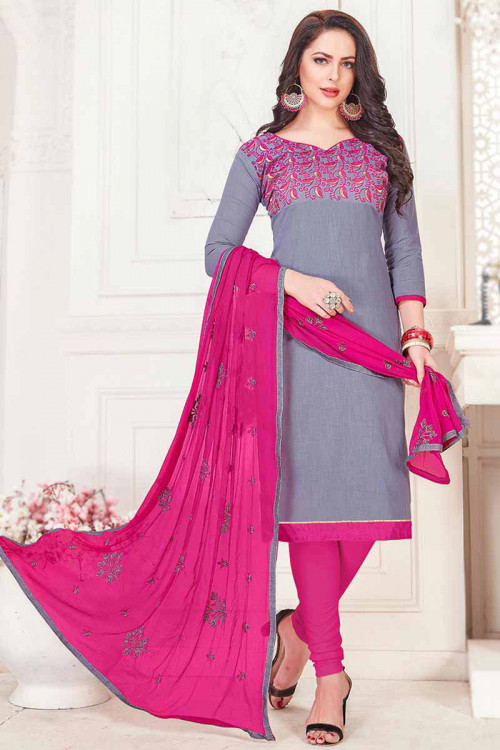 Steel Grey Embroidered Cotton Casual Wear Churidar Suit 