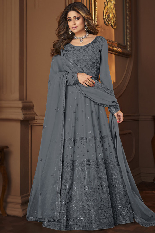 Gray Color Anarkali Suit in Embroidered Net  Navratri dress Indian  dresses online Fashion