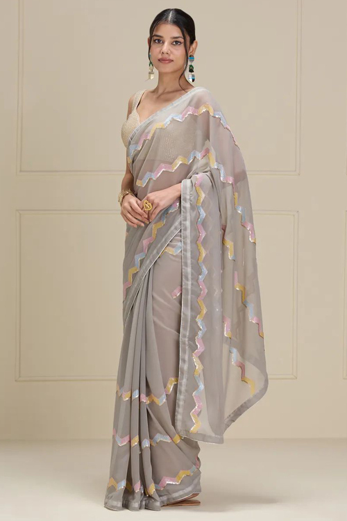 Steel Grey Georgette Sequin Embroidered Plain Saree
