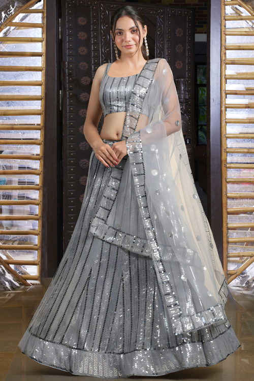 Steel Grey Georgette Embroidered Panelled Style Lehenga