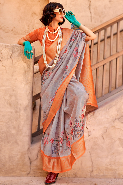 Steel Grey Georgette Printed Broad Border Saree