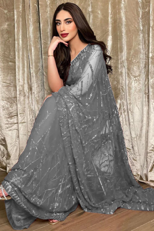 Silver colour party wear saree hot sale