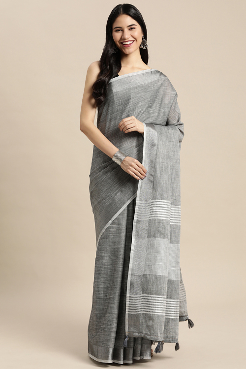Steel Grey Linen Saree with Woven Zari Work for New Year