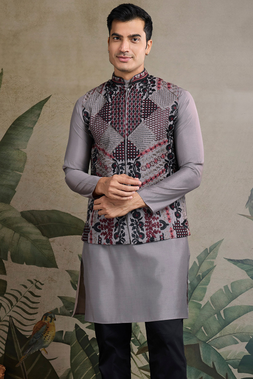 Steel Grey Men's Kurta with Embroidered Jacket for Diwali