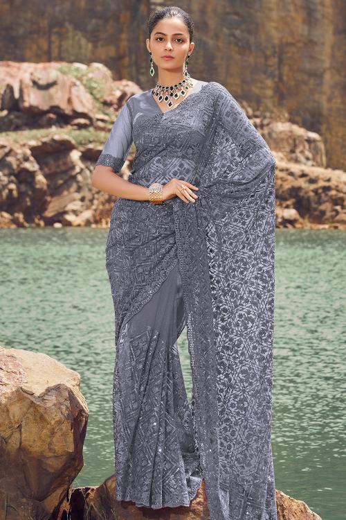 Steel Grey Net Embroidered Light Weight Saree