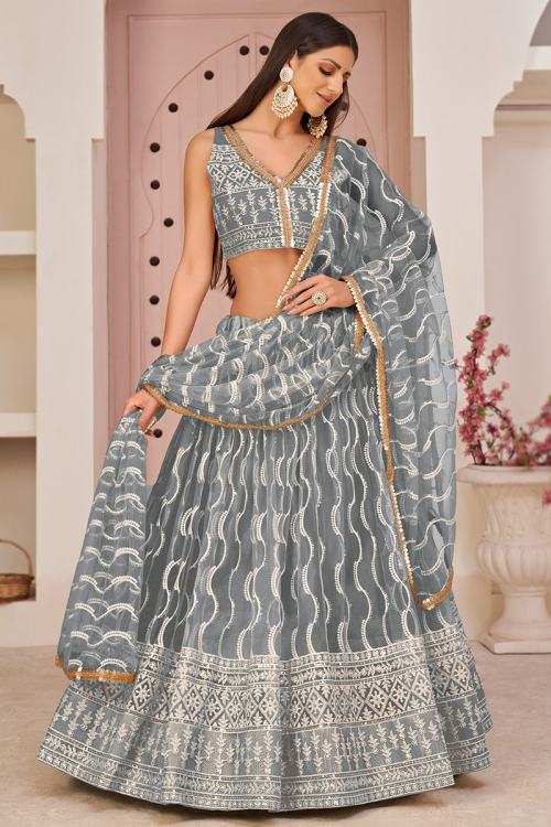 Steel Grey Net Floor Length Lehenga