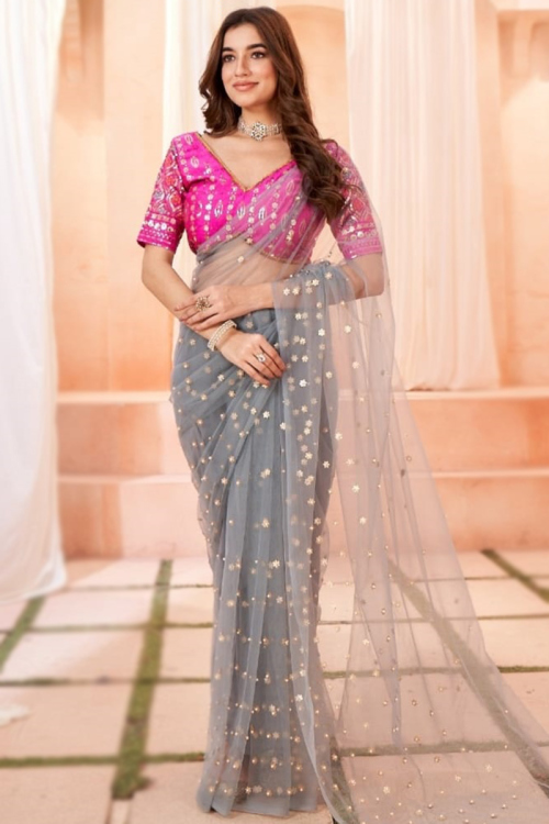 Steel Grey Net Pearl Embroidered Saree For Sangeet 