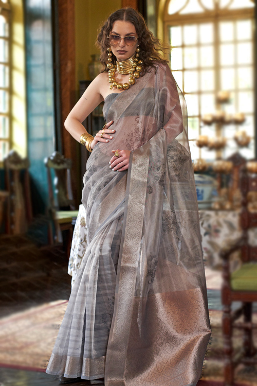 Steel Grey Organza Printed Light Weight Saree 