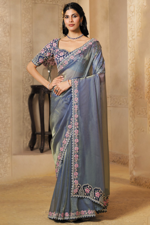  Steel Grey Organza Shimmer Saree With Stone Work For Festival