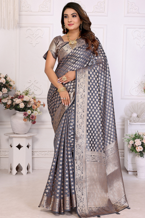  Steel Grey Organza Woven Zari Light Weight Saree