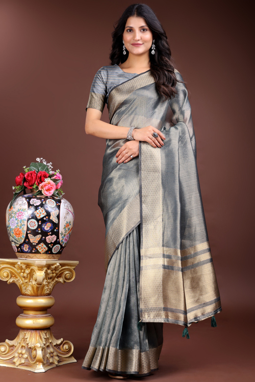 Steel Grey Organza Woven Zari Regional Saree 