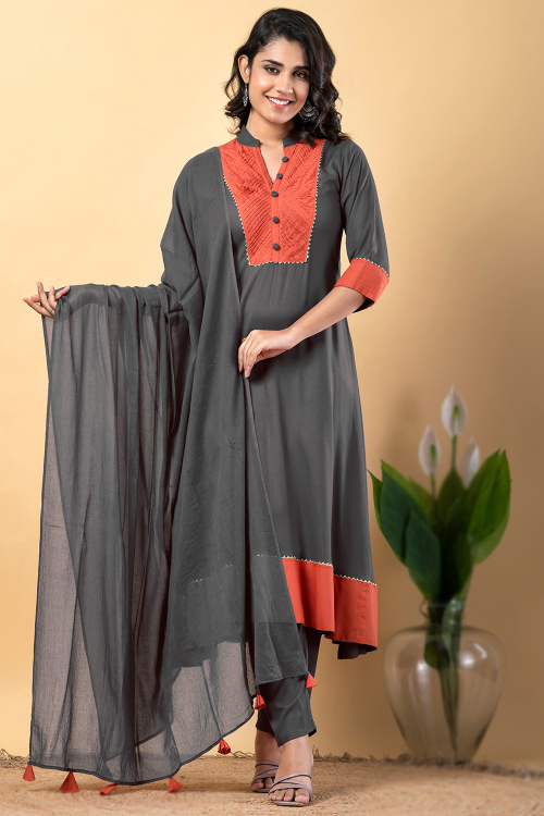 Steel Grey Rayon Gota Patti A Line Trouser Suit 