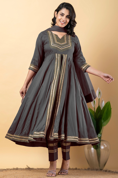 Steel Grey Rayon Gota Patti Front Slit Trouser Suit 