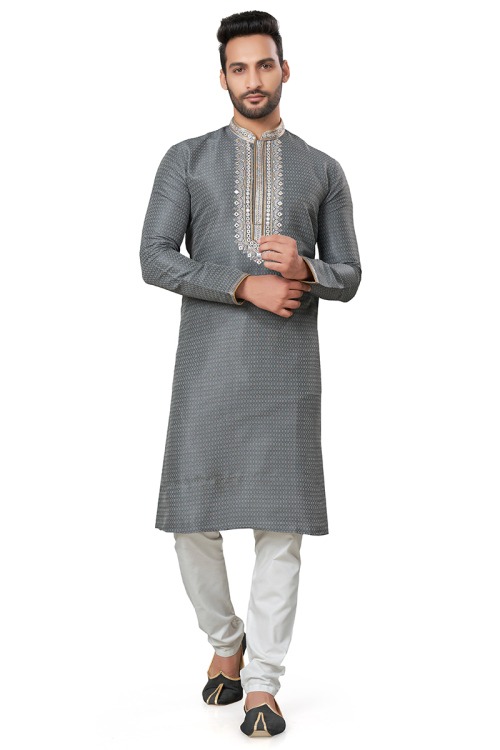 Steel Grey Silk Embroidered Men's Straight Cut Kurta Pajama