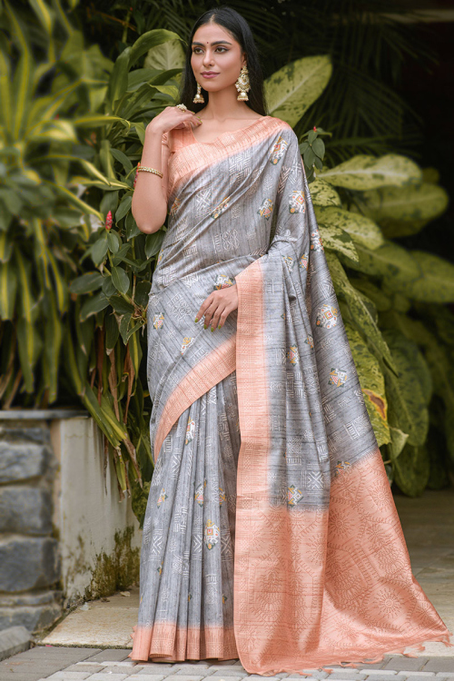 Silk Steel Grey Party Wear Saree with Printed