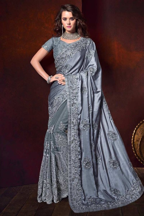 Steel Grey Silk Saree With Silk Blouse