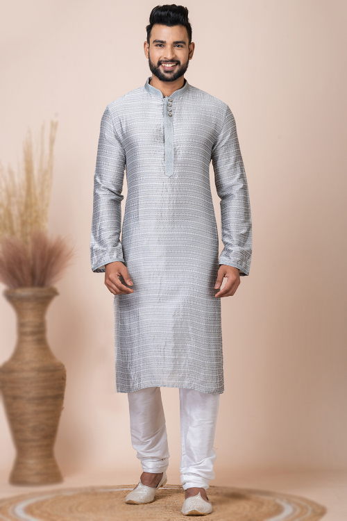 Steel Grey Silk Weaved Zari Men's Kurta Pajama For Sangeet
