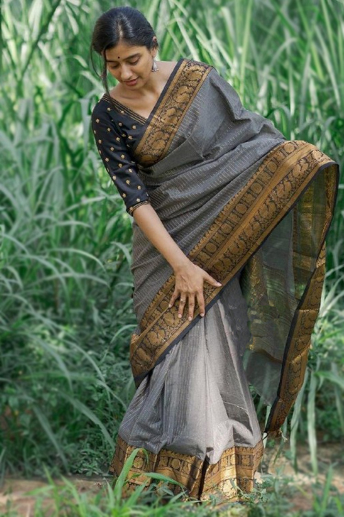 Steel Grey Silk Woven Zari Casual Wear Saree 
