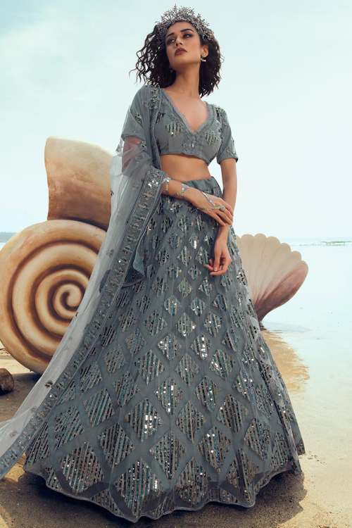 Steel Grey Soft Net Lehenga With Soft Net Choli
