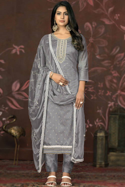 Steel Grey Weaved Zari Chanderi Silk Straight Cut Trouser Suit
