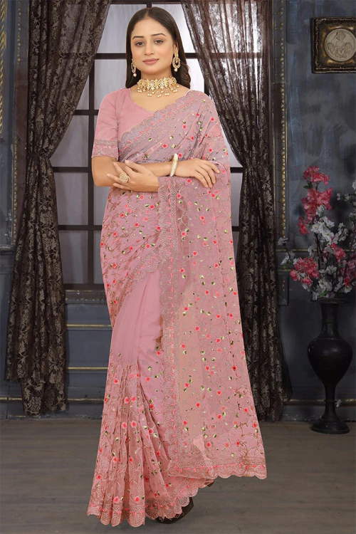 Step Out in Style Light Pink Net Dori Embroidered Saree 