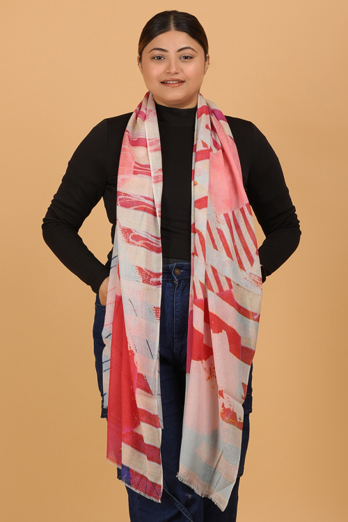 White Red Cotton and Linen Printed Stole