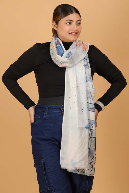 Blue Hand Painting Art Cotton Modal Stole