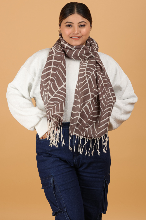 Brown and White Linen Print Stole